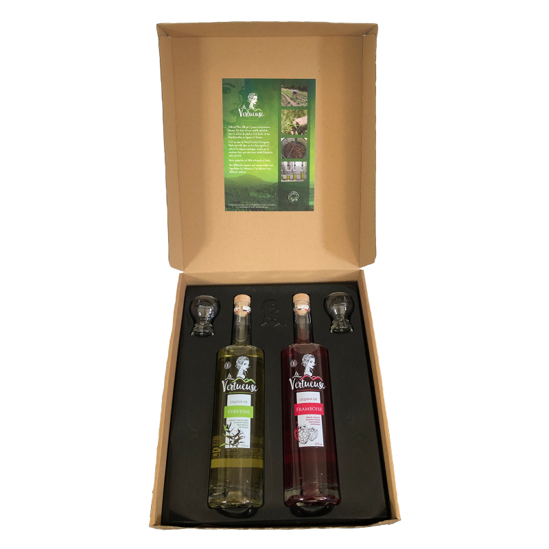 Coffret cadeau 2 bouteilles de liqueur 50cl + 2 verres à digestif (Vertueuse)
