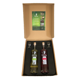 Coffret cadeau 2 bouteilles de liqueur 50cl + 2 verres à digestif (Vertueuse)